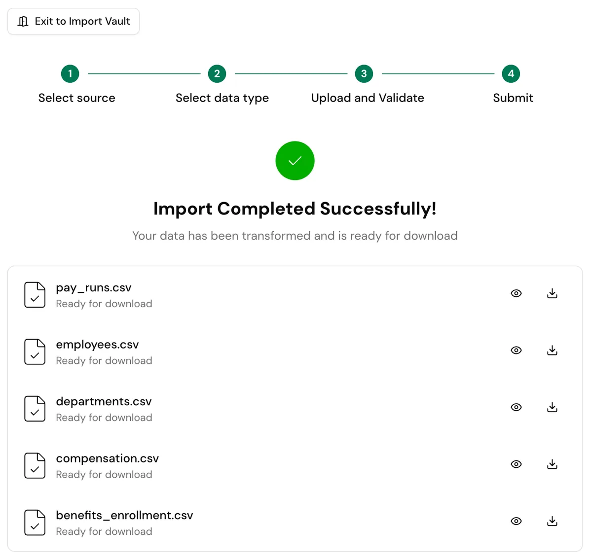 Post-processing view after successful data processing, with options to download results or send a webhook to import data