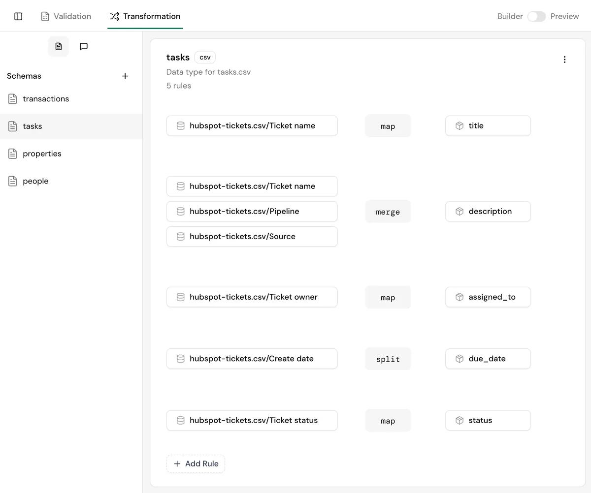 Visual builder view for mapping data through plugins, showcasing built-in and custom plugin support for data transformation