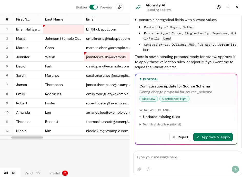 Aformity AI agent exploring data to generate a validation plan and write custom validation plugins for business domain needs